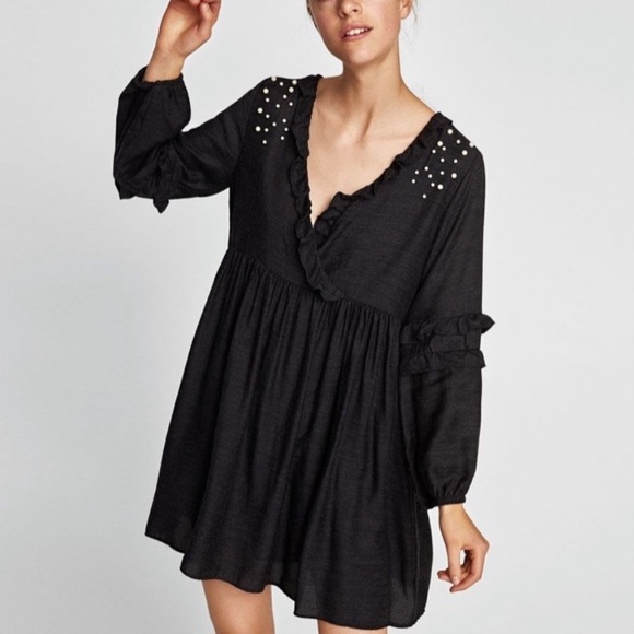 Zara | Dresses | Zara Basic Black Ruffle Pearl Dress | Poshmark